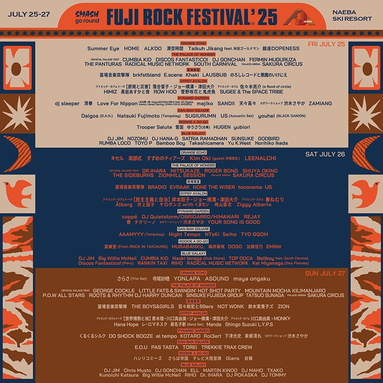 FUJI ROCK FESTIVAL '25（フジロックフェスティバル '25）SMALL STAGES 出演アーティスト